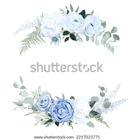 Dusty blue rose, white hydrangea, ranunculus, anemone, eucalyptus, greenery, juniper, magnolia vector design frame. Wedding seasonal flower card. Floral  watercolor composition. Isolated and editable Royalty-Free Stock Photo #2217023775