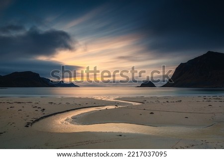 Beautiful and atmospheric beaches in the Lofoten archipelago in Northern Norway. Photo taken in the fall.