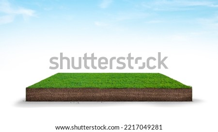 cubical cross section with underground earth soil and green grass on top, cutaway terrain surface with mud and field isolated Royalty-Free Stock Photo #2217049281