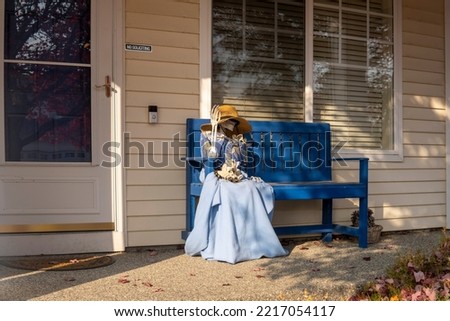 Skeleton lady in blue skirt and blouse with cat skeleton sits on the blue bench next to the entrance door. Halloween decoration