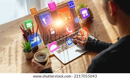 Omni channel technology of online retail business approach. Multichannel marketing on social media network offer service of internet payment channel, online retail shopping and omni digital app Royalty-Free Stock Photo #2217055043