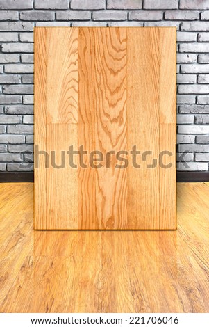 wood frame at Empty interior perspective with brick wall and wood parquet.,Mock up template for your content
