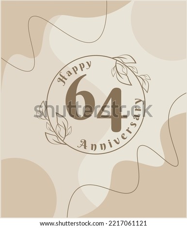 64 year anniversary, minimalist logo. brown vector illustration on Minimalist foliage template design, leaves line art ink drawing with abstract vintage background.
