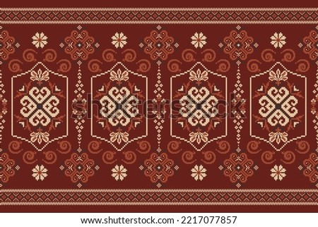 Beautiful floral cross stitch embroidery on red background.geometric ethnic oriental pattern traditional.Aztec style abstract vector illustration.design for texture,fabric,clothing,wrapping,carpet.