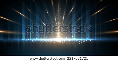 Luxury golden and light blue glowing lines with lighting effect sparkle on dark blue background. Template premium award design. Vector illustration Royalty-Free Stock Photo #2217081721