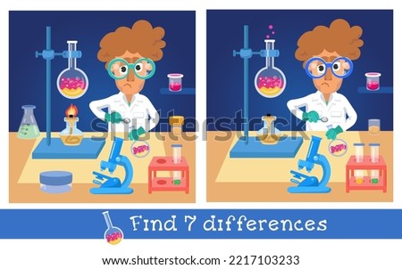 Educational game, puzzle for children. Find 7 differences. Scientist chemist among objects. Tools in lab in cartoon flat style. Vector illustration. Royalty-Free Stock Photo #2217103233