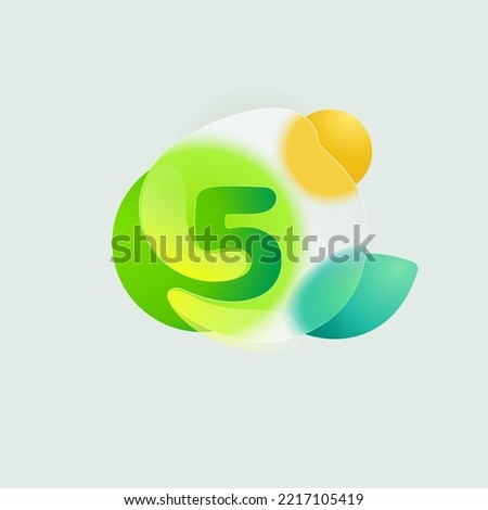 Number five eco logo in round splash with green leaf and sun. Realistic glassmorphism style translucent icon. Environment friendly negative space emblem for agriculture advertising and healthy food