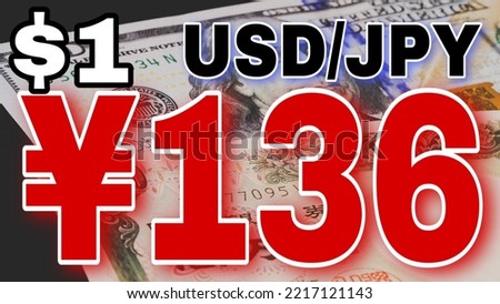 Digitally rendered sign in large numbers displaying 136 JPY against US $1 value. 10,000 JPY and $100 bills in the background. Foreign currency exchange concept. Red numbers indicating negative change.