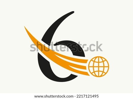 Letter 6 World Logo Concept With Moving Global Icon Vector Template
