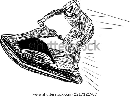 water adventure sports clip art symbol and silhouette, man doing stunt on jet ski outline vector illustration, sketch drawing of man on power water sports,