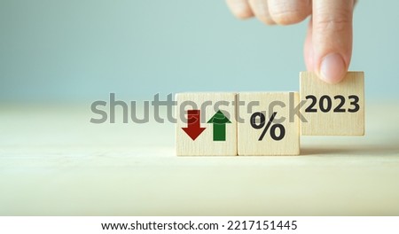 2023 Business and finance concept. Economic and business analysis, rising and falling trend. Interest rate, stocks, financial, ranking, mortgage and loan rates. Percent, up or down arrow symbol icon.