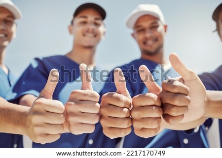 Baseball player, thumbs up and sports teamwork support, winner success and motivation of goals, trust or celebration. Softball men group, hands and thumb up collaboration of happy friends achievement