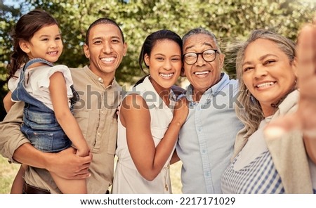 Selfie, family and children with a girl, parents and grandparents posing for a photograph outdoor during summer. Kids, happy and love with a senior woman taking a picture with her son and daughter
