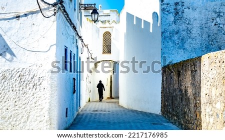Beautiful view of street with typical arabic architecture. Location: Asilah, North Morocco, Africa. Artistic picture. Beauty world