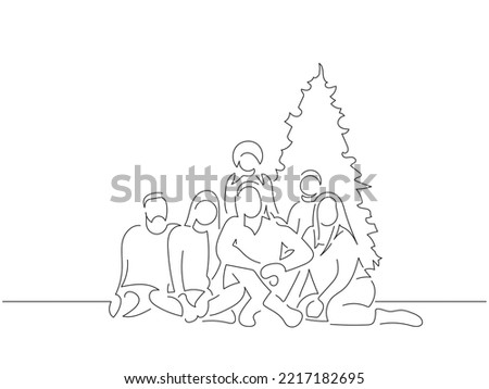Family at home with a christmas tree in line art drawing style. Composition of a christmas scene. Black linear sketch isolated on white background. Vector illustration design.
