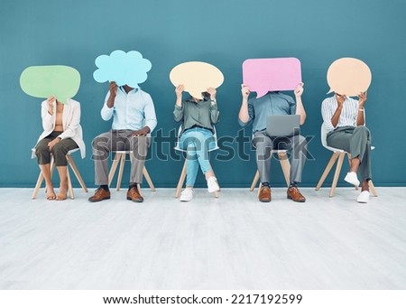 Social media, mobile chat and web contact speech bubble and mockup of office workers. Blank signs of internet advertising staff announce a sale, text campaign marketing with mock up signs