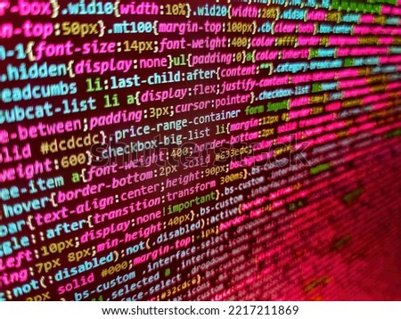 Website development. Abstract screen of web developer. HTML5 concept macro backdrop in warm colors. Binary code digital technology background. Script procedure creating