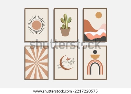 gallery wall set boho art prints dorm decor. Tropical Foliage, sun, Landscape, floral, Woman hands, butterfly, geometry. Design for wallpaper, wall decor, cards, print, filters, and banners.
