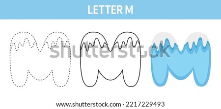 Letter M Snow tracing and coloring worksheet for kids