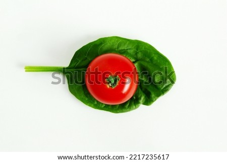 garden fresh green leafy vegetable spinach leaf also known in india as palak bhaji with tomato isolated on white background,copy space top view