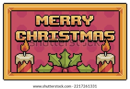 Pixel art merry christmas frame with candles and fir leaves vector icon for 8bit game on white background