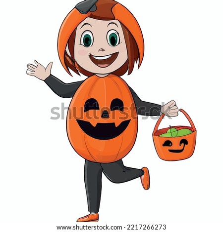 vector girl child wearing rubber boots stands smiling keeping big pumpkin in hands. cartoon isolated illustration on a white background. 