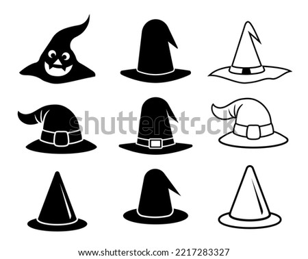 Creative Magic Hat Vector Halloween Style Clip Art. Halloween Magic Hat Black Vector Collection, Hand drew Vector Illustration.
 Simple Black Color And White Background. 