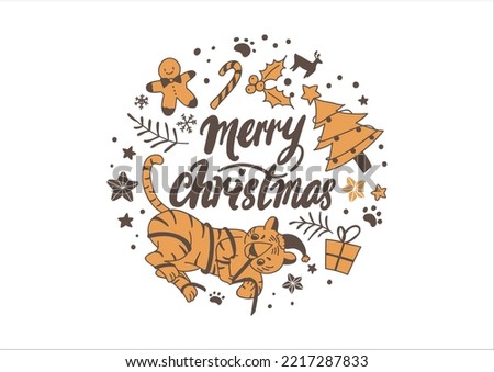 Merry Christmas card with holiday lettering and traditional christmas elements.Merry Christmas in the Year of the Tiger.
