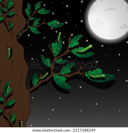 A night landscape with a tree whose leaves are eaten by caterpillars, green caterpillar, the moon and stars in the sky.
