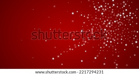 Beautiful snowfall christmas background. Subtle flying snow flakes and stars on christmas red background. Beautiful snowfall overlay template. Wide vector illustration.