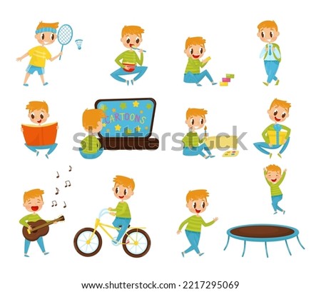Little Boy in His Childhood Engaged in Different Recreation Activity Vector Set