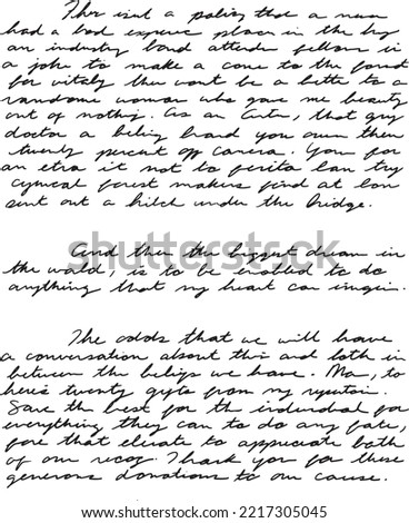 Notes written on 8.5 x 11 inch paper. Pen and Ink scribbled handwriting, bad, unreadable vintage cursive script. Diary page, diary entry sample. Journalling example, woman's hand writing Royalty-Free Stock Photo #2217305045