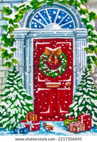 Red door decorated for Christmas. Winter Season. Snow on pine trees. Christmas presents. Watercolor painting. Acrylic drawing art. A piece of art.