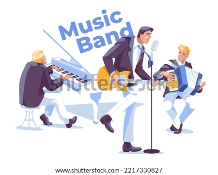 Rockabilly, rock and roll, jazz and classical music band: piano, guitarist, singer, accordion. Isolated on white background. Music concert, play and festival. Vector flat illustration.