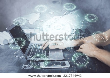 Social network theme hologram with businessman working on computer on background. Concept of world wide web. Double exposure.
