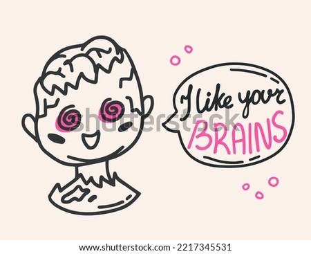 Zombie with brains speech bubble hand drawn vector character. Cute monster with crazy eyes and lettering.