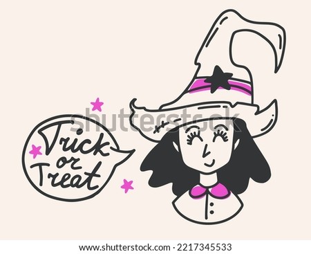 Witch with trick or treat speech bubble hand drawn vector character. Cute hag with hat and lettering.