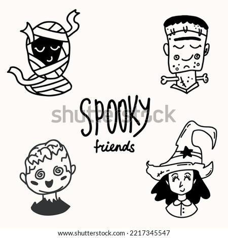 Halloween character set. Cute mummy, frankenstein, zombie and witch