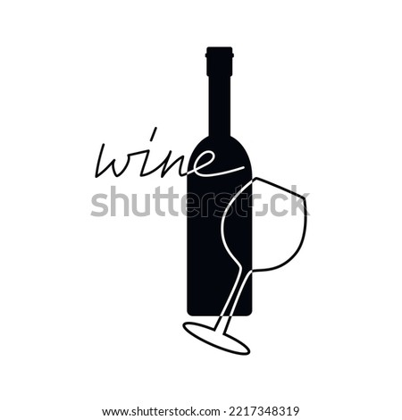 Silhouette of wine bottle and glass vector drawing illustration. Wine Time lettering. Hand drawn flat icon. Minimal design element for print, banner, card, wall art poster, logo. Royalty-Free Stock Photo #2217348319