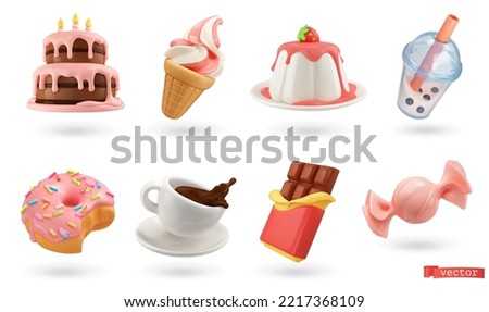 Sweet food. 3d vector icon set. Cake, ice cream, panna cotta, bubble tea, donut, cup of coffee, chocolate, candy Royalty-Free Stock Photo #2217368109