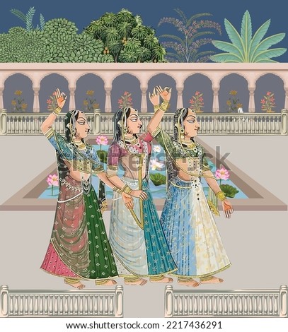 Traditional Mughal dancing queen, courtesan, lady in a garden palace vector illustration Royalty-Free Stock Photo #2217436291