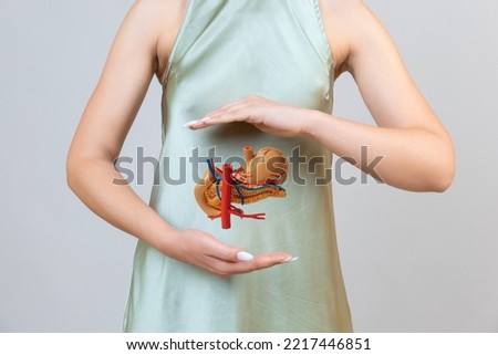 woman is holding mock stomach in the hands. Help and care concept Royalty-Free Stock Photo #2217446851