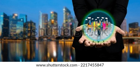 Panorama Ready made solution for real estate business concept with  shape sphere world , town and world city skyscrapers  blurred background  in hands human.Copy space.