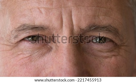 Caucasian serious mature man staring at camera, cropped shot, close up upper face view. Eyesight, vision correction, check up, professional services clinic for older citizen, mimic wrinkles, maturity Royalty-Free Stock Photo #2217455913