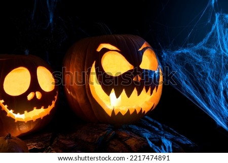 Spooky halloween pumpkins with spiderweb

