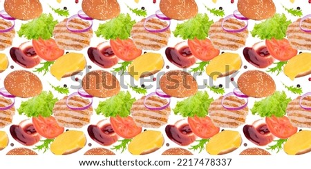 Background from burger ingredients. Flying burger, seamless pattern