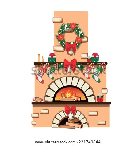 Old stone fireplace decorated for Christmas. Merry Christmas and New Year. Element of architecture and interior. Vector illustration in cartoon style.