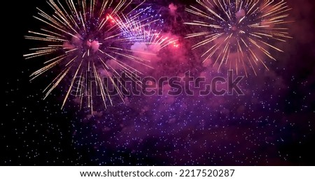 Purple Firework celebrate anniversary happy new year 2023, 4th of july holiday festival. Purple firework in night time celebrate national holiday. Violet firework Countdown to new year 2023 festival Royalty-Free Stock Photo #2217520287