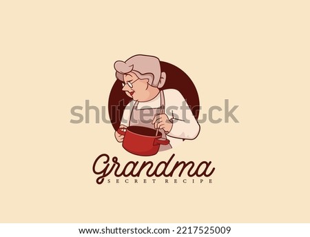 Grandma chef hold hot pot logo for restaurant and homemade culinary logo Royalty-Free Stock Photo #2217525009