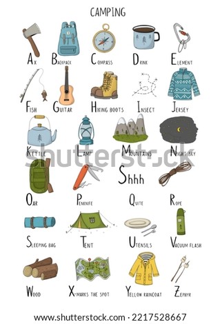 English alphabet black letters on a white background axe, backpack, compass,mug, carabiner, fishing rod, guitar,boots, sweater, bowler hat, lamp, mountains,green boat, penknife, rope, sleeping bag,ten